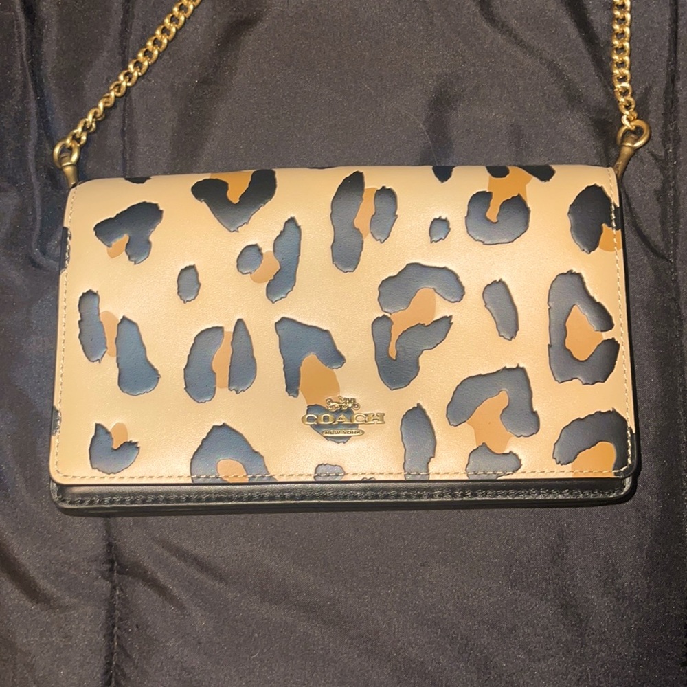 Authentic COACH Callie Foldover Chain Clutch With Leopard Print